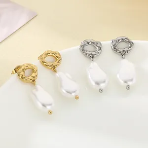 Boucles D'oreilles Pendantes Künstliche Perles Baroques Irrégulières Acier Inoxydable Métal Martelè Vintage Élégant Bijoux Femmes
