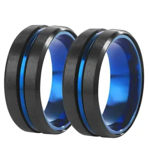 Men's hip hop titanium steel ring with black brushed finish and blue inner band decoration