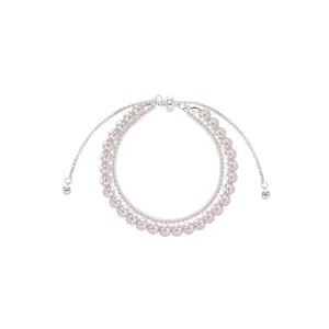 Elegant double-layered pink pearl and zircon drawstring bracelet with adjustable bolo closure