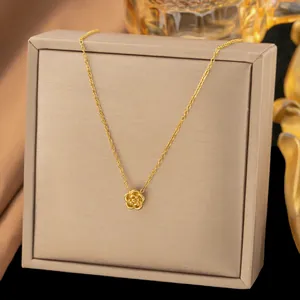 Elegant gold titanium steel necklace with camellia rose flower pendant on display box