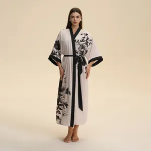 Women's Satin Kimono Robe Long Sleeve Floral Print V-Neck Nightgown With Belt Luxurious Loungewear Bathrobe For Home Spa