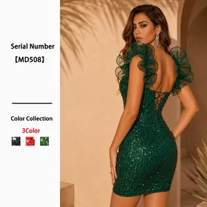 Robe Mini À Paillettes Épaules Dénudées Manches À Volants En Maille Moulante Sexy Soirée Clubwear Femmes Scintillante
