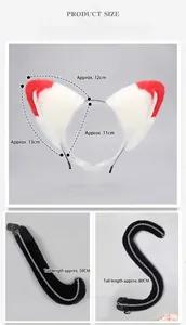 Detailed measurement chart showing dimensions for plush fox ears headband and black faux fur tails
