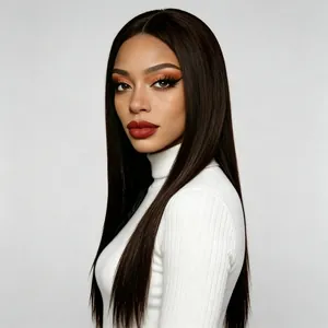 Vue détaillée d'une longue perruque synthétique lisse brune avec un fini naturel