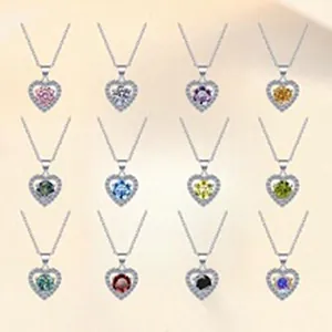 Set di 12 collane a cuore in argento S925 con pietre moissanite colorate vivaci