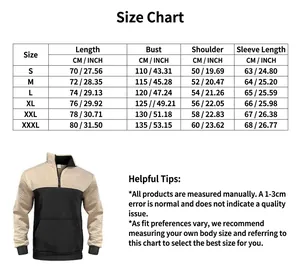 Size chart for patchwork half-zip hoodie with length, bust, shoulder and sleeve details