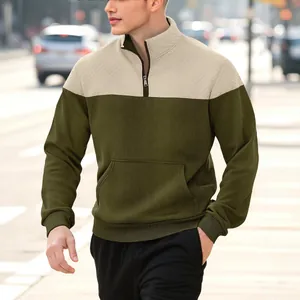 Men's outdoor leisure color-block half-zip pullover sweatshirt in olive green and beige
