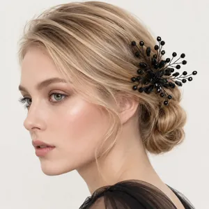 Elegant side view of a handmade black crystal gothic hair accessory on a blonde model updo