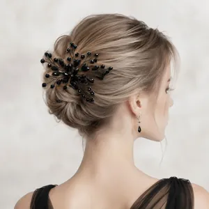 Detailed view of handcrafted black crystal gothic hair pin on blonde bridal hairstyle