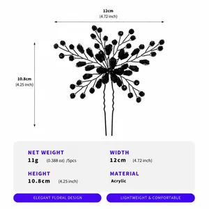 Detailed view of the black crystal hair fork showing dimensions and material specifications