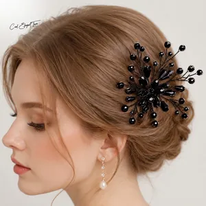 Vintage Black Crystal Beaded Hair Stick Handmade Starburst Branch Hairpin Wedding Banquet Halloween Party Hair Accessories