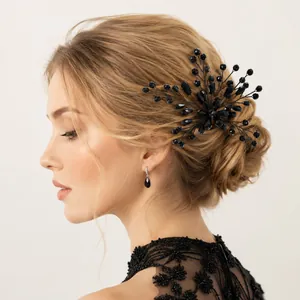 Elegant handmade black crystal bridal hair comb for gothic wedding and banquet party