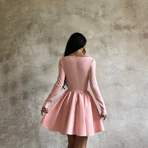 Elegant pink long-sleeve flared dress featuring back view and waist-defining fit