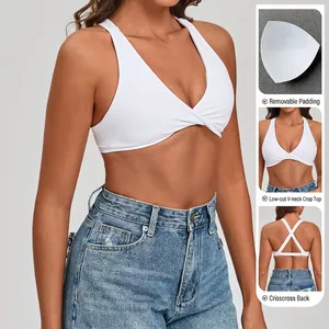 White quick-dry sports yoga bra with cross back and removable pads for women's fitness
