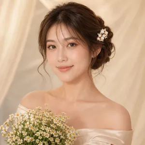 Elegant bride wearing vintage gold pearl rhinestone hairpin in a messy bun wedding updo
