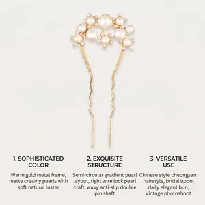 Elegant close-up of vintage gold U-shaped hairpin with matte creamy pearls and wavy pins.