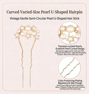 Elegant U-shaped gold hair fork featuring gradient faux pearls and a wavy non-slip design.