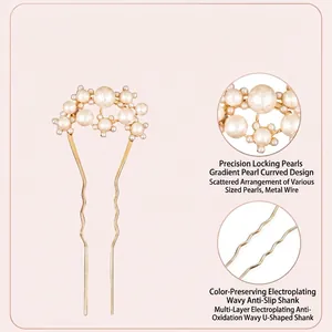 Elegant retro gold U-shaped hair fork with gradient pearls for bridal hair styling