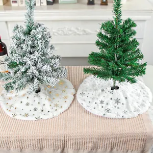 Christmas Tree Skirt Mini White Plush Round Base Cover Gold Silver Snowflake Star Pattern Festive Decor
