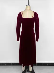 Elegant burgundy square neck velvet long sleeve midi dress displayed on a mannequin
