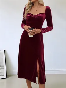 Elegant burgundy square neck velvet long sleeve midi dress with side slit for women