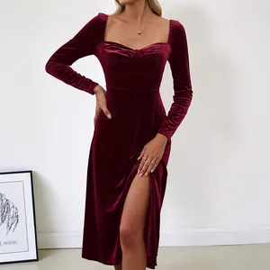 Elegant Wine Red Velvet Midi Dress For Women Retro Square Neck Long Sleeve Side Slit Bodycon Evening Party Dress