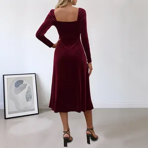 Elegant burgundy square neck long sleeve velvet midi dress for women, stylish back view