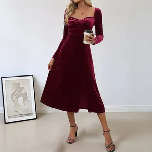 Elegant burgundy velvet midi dress featuring a square neckline, long sleeves and side slit