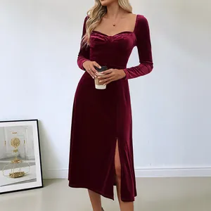 Elegant wine red velvet long sleeve dress with square neck and high side slit for women