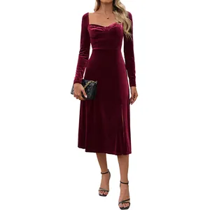 Elegant burgundy square neck velvet midi dress with long sleeves and a side slit