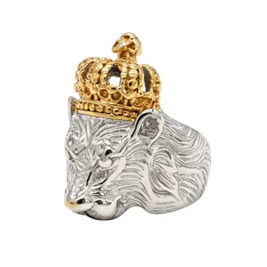 Bague Tête de Lion Vintage pour Hommes avec Couronne en Acier Inoxydable Bicolore Or Argent Punk Gothique Bijoux de Mode