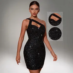 Women Sexy Sequin One Shoulder Mini Dress Asymmetric Cut Out Bodycon Party Night Elegant Slim Fit Sleeveless Cocktail Dress