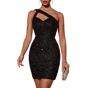 Sexy black sequined mini dress featuring unique one-shoulder cutout for evening parties