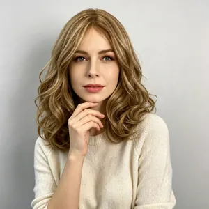 Detailed close-up of a medium-length blonde wavy wig with a natural middle part