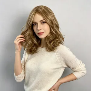 Detailed view of a natural blonde mid-length wavy synthetic wig featuring a middle part style
