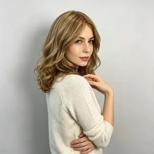 Natural looking golden blonde wavy mid-length synthetic wig for women side view