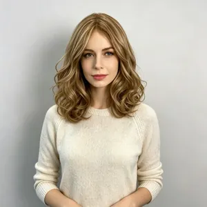Detailed look of natural blonde wavy synthetic hair wig with a stylish middle part