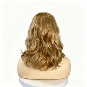 Detailed back view of a medium length blonde wavy synthetic wig for women on mannequin