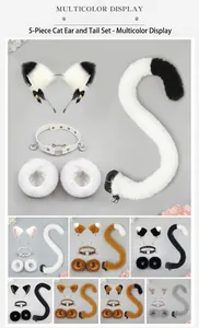 Gedetailleerde weergave van de meerkleurige pluchen kattenoren en staart cosplay sets