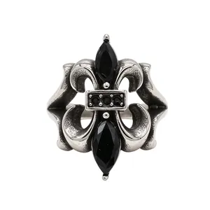 Vintage Gotik Lilie Edelstahl Ring Für Herren Damen Retro Schwarz Strass Eingelegt Punk Schmuck Bandring