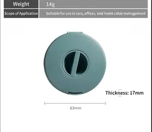 Detailed view of a round teal cord organizer showing its 63mm diameter and 17mm thickness.