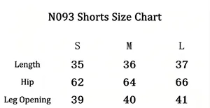 Detaillierte Größentabelle für N093 Yoga-Shorts mit Maßen für die Größen S, M und L.