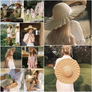 Collage lifestyle montrant les détails d'un chapeau de paille de blé plissé à large bord.