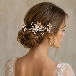 Vue détaillée de l'épingle à cheveux de mariée avec fleurs en argile blanche et perles