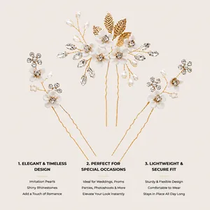 Détails des épingles à cheveux de mariée avec fleurs blanches et cristaux brillants