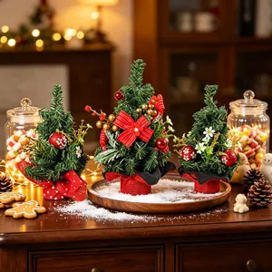 Mini Christmas Tree Desktop Ornaments With Red Bows Berries PVC Iron Wire Fabric Base Festive Holiday Home Office Decor