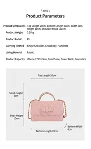 Dimensioni dettagliate e specifiche dei materiali per borsa a mano rosa trapuntata con fiocco