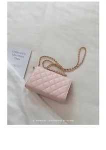 Vista dettagliata della borsa rosa trapuntata con catena dorata e trama in pelle