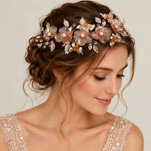 Elegant gold wire bridal headband with delicate butterflies and flowers on a model.