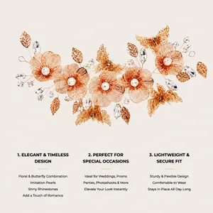 Detail view of golden bridal hair vine with pearls and butterflies